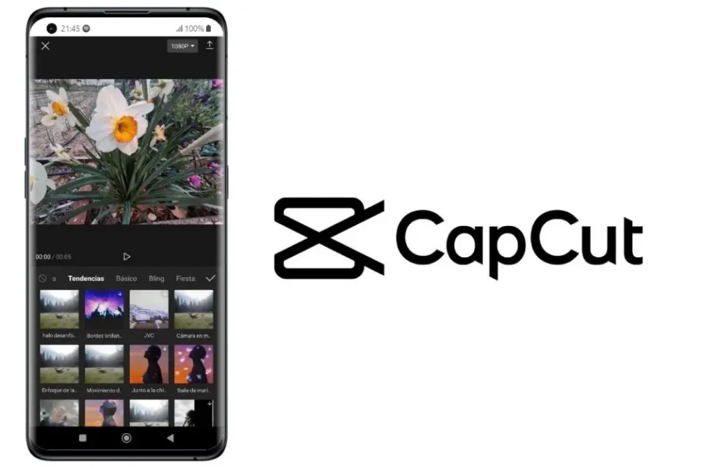 A smartphone displaying the CapCut video editor interface with a daffodil flower clip playing, filter thumbnails labeled in Spanish (e.g., “Tendencias,” “Básico”), and the CapCut logo prominently shown to the right, highlighting its multilingual UI and creative editing tools.