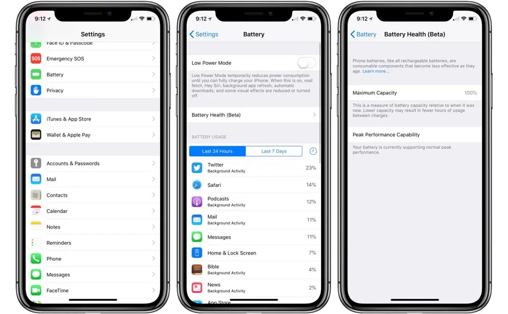 Three iPhone screens showing the Battery settings path: Settings > Battery > Battery Health (Beta), with details on Low Power Mode, app battery usage (e.g., Twitter at 23%), and Maximum Capacity at 100%, illustrating how to monitor battery health and performance.