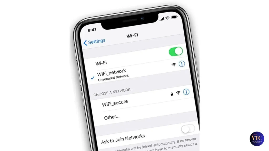 An iPhone displaying the Wi-Fi settings screen with the toggle switched on, connected to “WiFi_network” (Unsecured Network), and options to choose other networks including “WiFi_secure,” demonstrating Wi-Fi connection management and network selection.