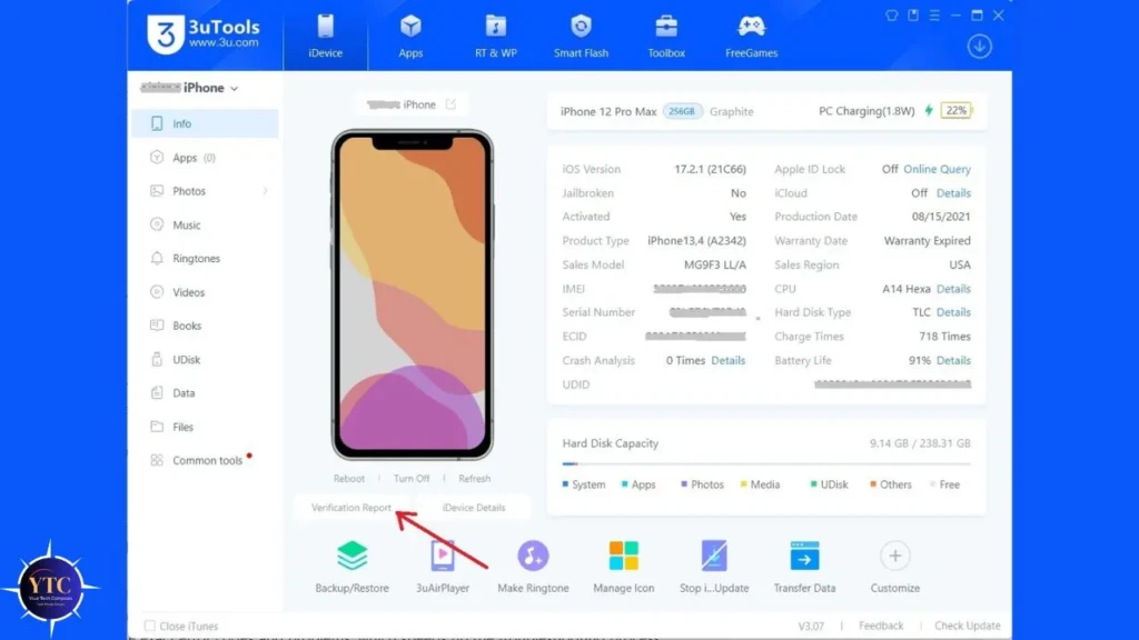 The 3uTools interface for an iPhone 12 Pro Max (iOS 17.2.1), showing device specs, activation status, warranty expiration, and hard disk capacity, with a red arrow highlighting the “Verification Report” button under the device image, demonstrating access to detailed device verification and health reports.