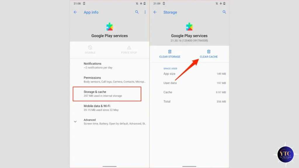 Two side-by-side Android screenshots: left shows the “Google Play services” App info page with “Storage & cache” (357 MB used) highlighted; right shows the Storage details with “CLEAR CACHE” emphasized by a red arrow, illustrating the step to clear cached data to resolve app glitches or update failures.