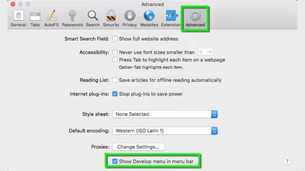 The Safari Preferences window on macOS, with the “Advanced” tab selected and highlighted in green; the checkbox “Show Develop menu in menu bar” is checked and also highlighted, illustrating how to enable developer tools in Safari.