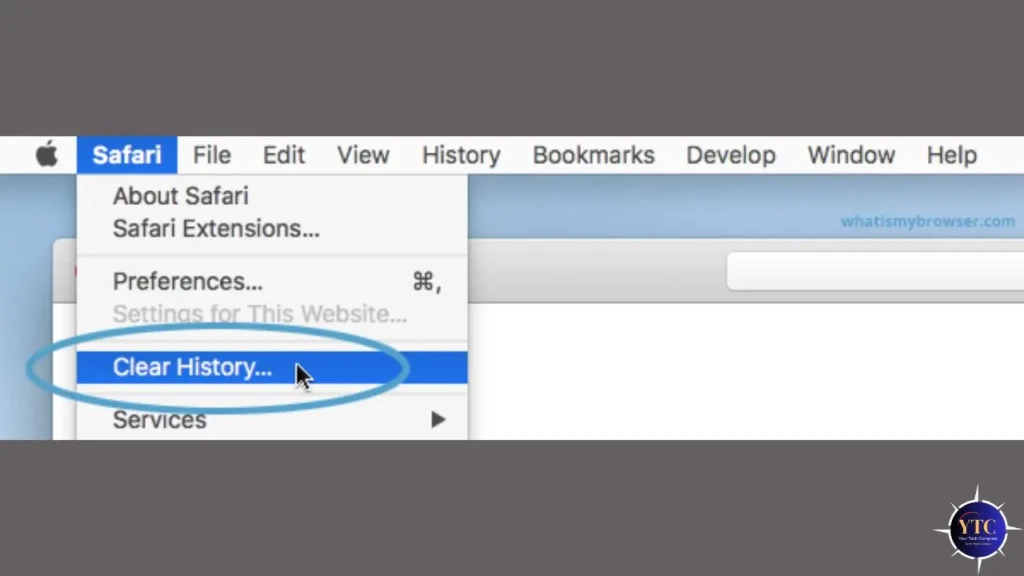The Safari menu bar with the “Safari” dropdown open, and the “Clear History…” option highlighted in blue and circled in teal, showing the step to clear browsing data in Safari for privacy or troubleshooting.