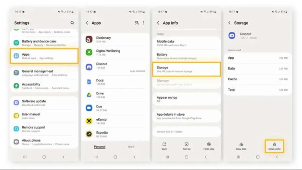 A four-panel collage showing Android system navigation: Settings > Apps (highlighted), Apps list, App info > Storage (highlighted), and Storage details with the “Clear cache” button emphasized, demonstrating the workflow to free up space and fix app issues by clearing cached data.
