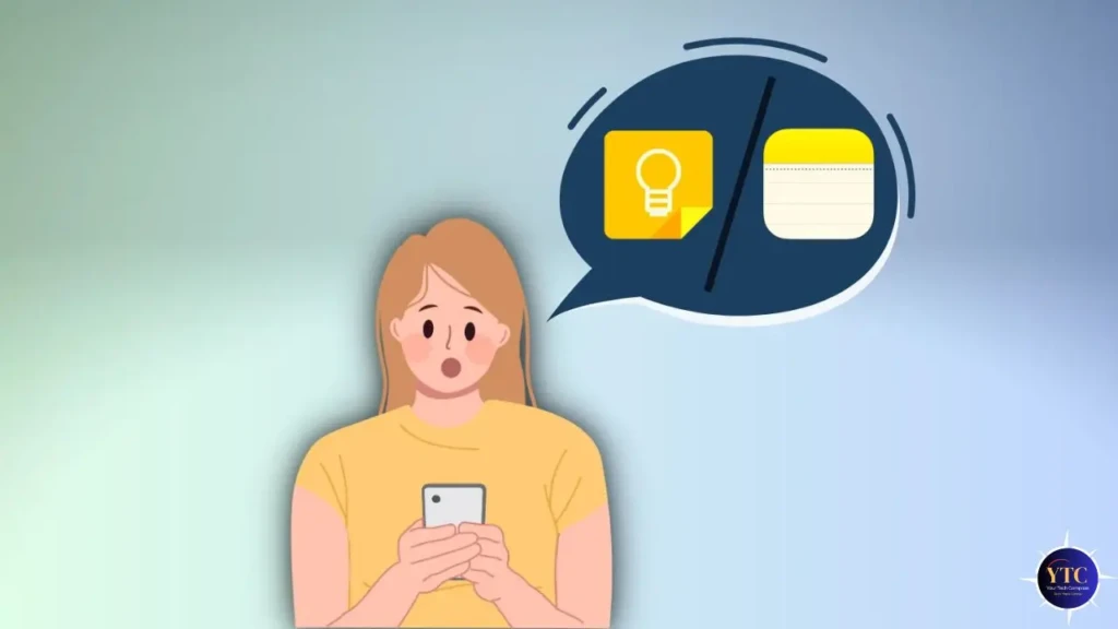 An illustrated woman in a yellow shirt holding a smartphone, with a speech bubble above showing the Google Keep icon (lightbulb on yellow note) and the Apple Notes icon (lined notepad) separated by a slash, symbolizing a choice or comparison between the two note-taking apps.