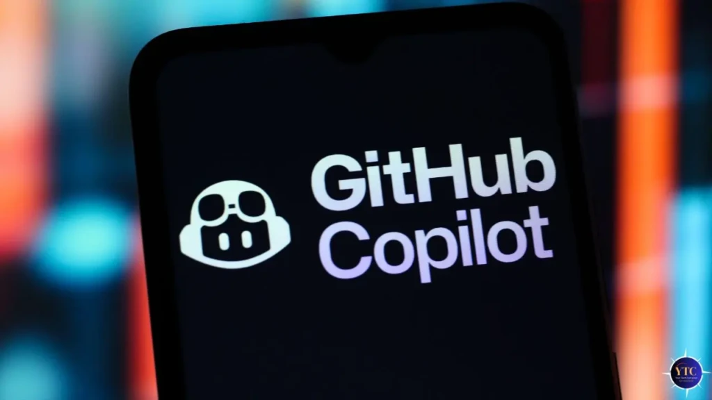 A close-up of a smartphone screen displaying the GitHub Copilot logo (white robot icon) and text on a dark background, with a blurred multicolored bokeh effect in the background, highlighting the app’s branding and mobile accessibility.