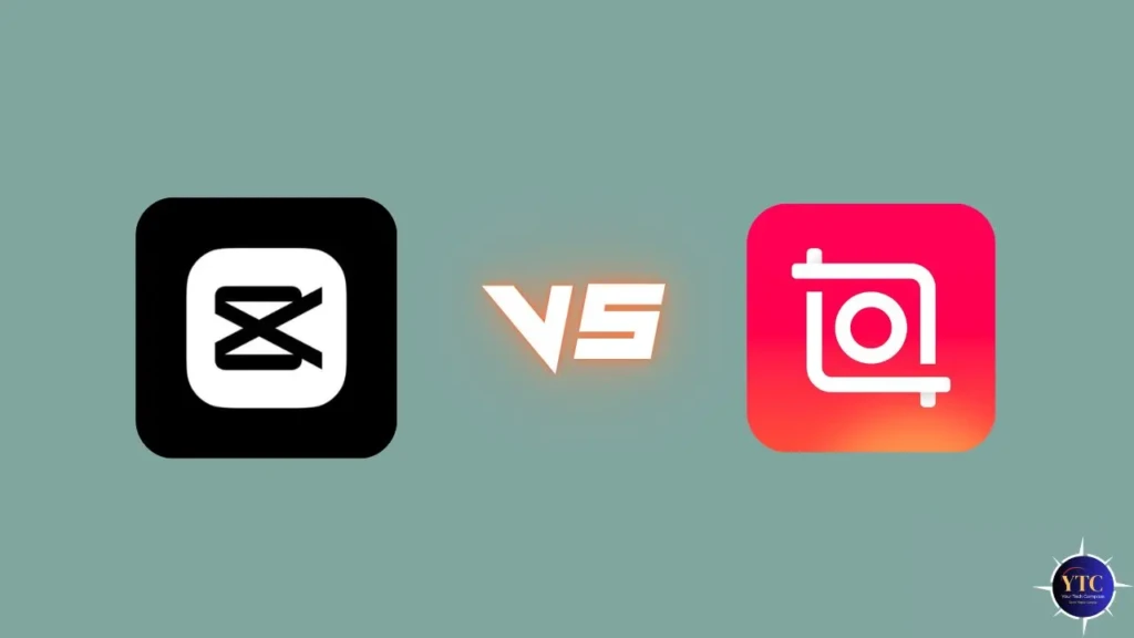 A side-by-side logo comparison on a muted teal background: the black-and-white CapCut icon (stylized “X” in a rounded square) on the left, a glowing orange “VS” in the center, and the red-to-pink gradient InShot icon (camera outline with circular lens) on the right, signaling a head-to-head app comparison.