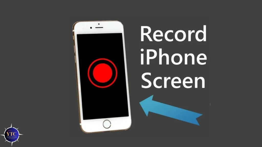 A white iPhone with a black screen displaying a large red record button, next to bold text reading “Record iPhone Screen” and a blue arrow pointing toward the phone, serving as a visual instruction or tutorial header for iOS screen recording.
