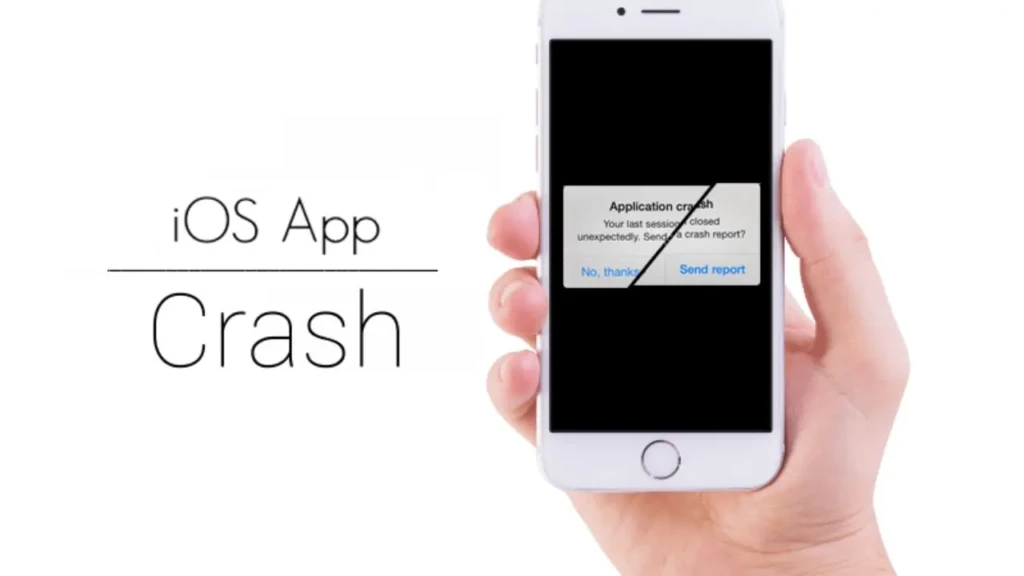 A hand holds an iPhone displaying an "Application crash" message with options to send a report or decline.