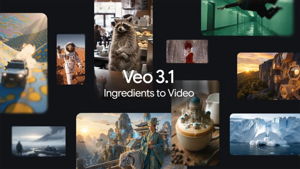 A collage of nine diverse, high-quality AI-generated video clips surrounding the central text “Veo 3.1 Ingredients to Video,” including scenes of a raccoon in a café, an astronaut on Mars, futuristic architecture, a latte with edible castle, icy cliffs, and surreal landscapes, showcasing the creative range and realism achievable with Veo 3.1’s text-to-video synthesis.