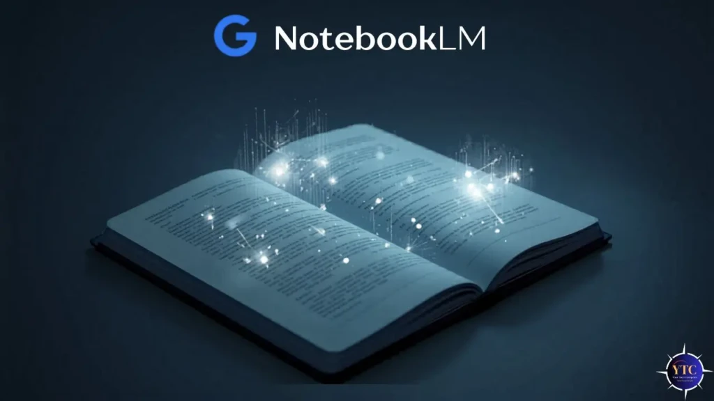 An open book emits glowing digital particles under the title "Google NotebookLM," suggesting a blend of technology and literature in a dark setting.