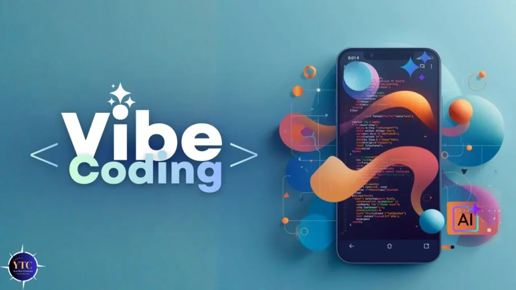 The “Vibe Coding” logo (stylized with angle brackets and gradient text) on the left, and a smartphone on the right displaying code with abstract colorful shapes and an “AI” badge, conveying a modern, AI-driven approach to mobile-first coding.