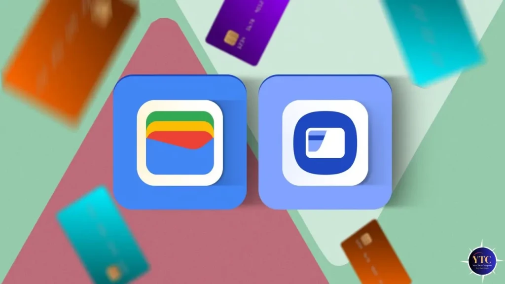 The Google Wallet and Apple Wallet app icons placed side by side on a geometric pastel background, with blurred credit cards drifting around them, emphasizing brand identity and cross-platform digital wallet competition.
