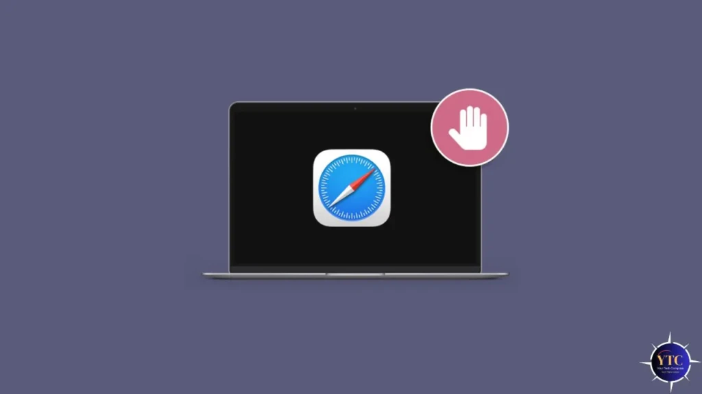 A minimalist illustration of a MacBook displaying the Safari app icon on its screen, with a pink circular icon containing a white hand symbol (stop/gesture) positioned in the top-right corner, visually representing disabling or resetting Safari to fix crashes or unwanted behavior.