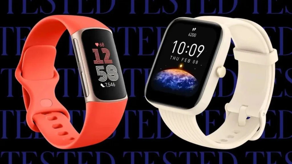 A side-by-side comparison of two smartwatches against a dark background with repeating “TESTED” text: left shows a red-banded fitness band with digital time (12:58), heart rate (68), and step count (7,546); right shows a white square smartwatch with Earth-themed watch face, time (10:09), and steps (6,200), emphasizing design contrast and metric display.