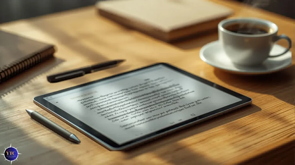 A tablet with handwritten text lies on a sunlit wooden desk, surrounded by a notebook, pen, stylus, and a steaming cup of coffee, evoking a calm workspace.