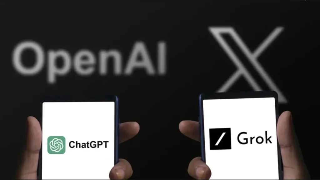 Two hands hold smartphones displaying ChatGPT and Grok logos with a blurred "OpenAI X" background.