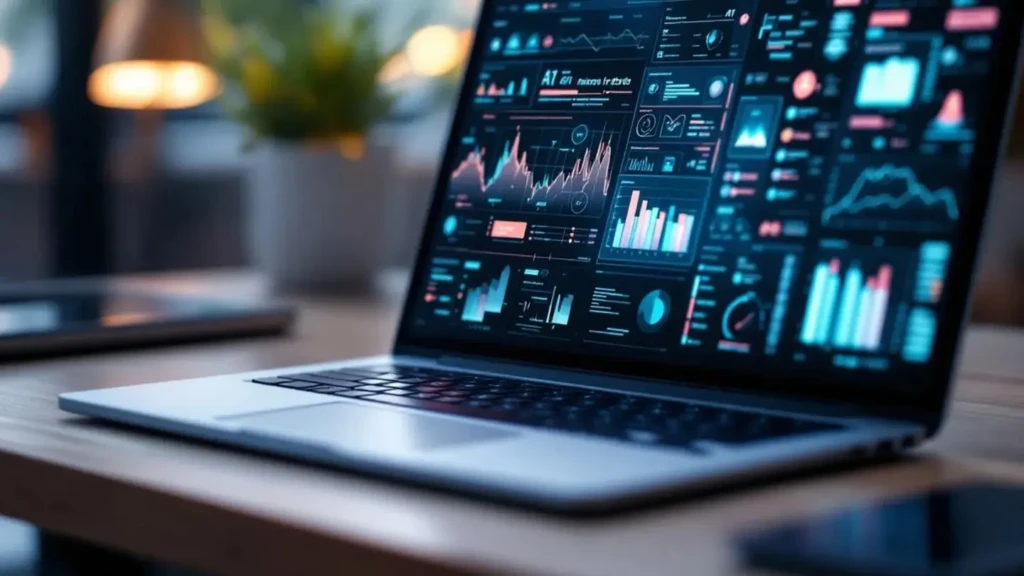 A silver laptop on a wooden desk displaying a futuristic dashboard filled with dynamic charts, graphs, and AI analytics visualizations in glowing blue and cyan tones, symbolizing data-driven decision-making and AI-powered business intelligence.