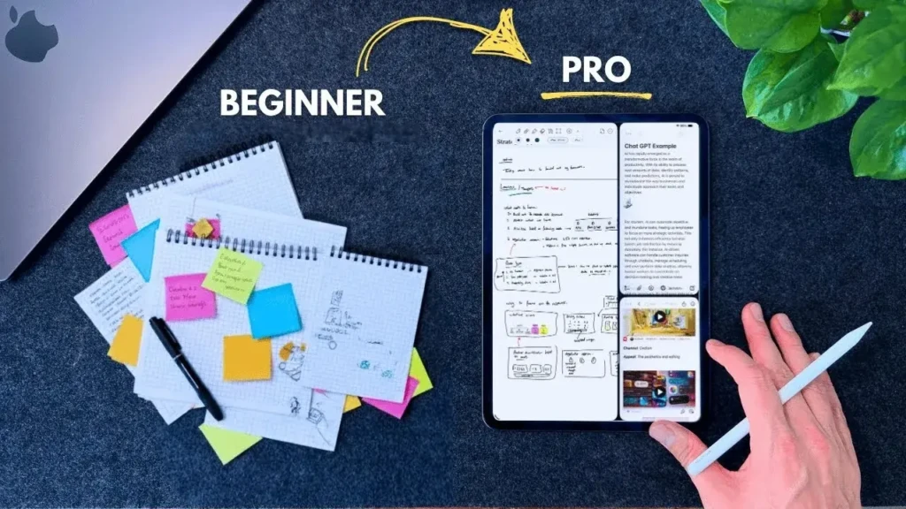 A split-comparison layout labeled “BEGINNER” (left) and “PRO” (right), with handwritten notebooks and sticky notes under “BEGINNER,” and an iPad displaying a complex, multi-section note with AI-assisted drafting and a hand holding an Apple Pencil under “PRO,” illustrating the progression from basic to advanced note-taking workflows in Apple Notes.