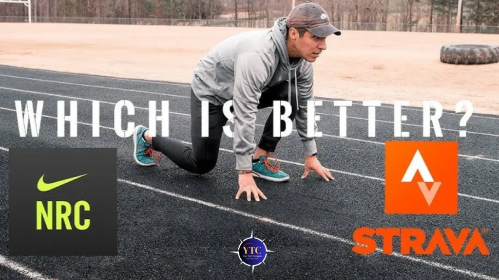 A runner in starting position on a track, overlaid with large text reading “WHICH IS BETTER?”, flanked by the Nike Run Club logo (left) and Strava logo (right), emphasizing a head-to-head evaluation of the two running platforms.