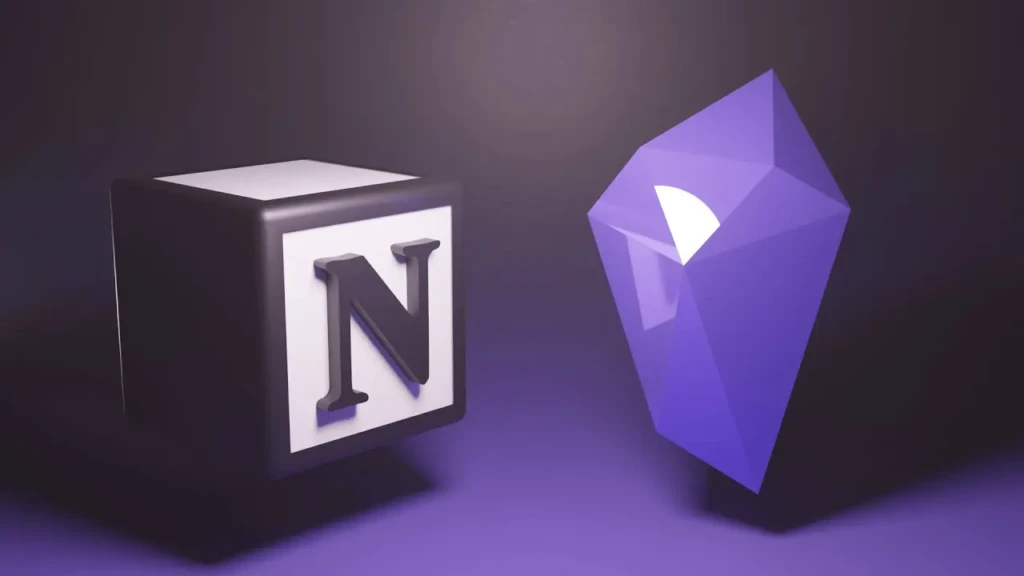 A black and white cube featuring the letter "N" next to a purple crystal shape, set against a dark purple background.
