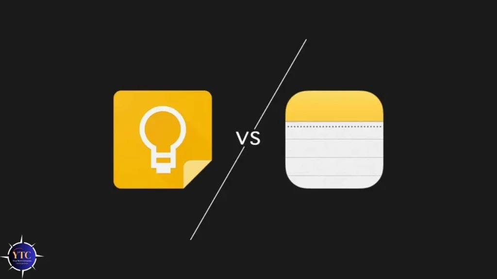 A stark black background featuring the Google Keep icon (yellow with white lightbulb) on the left, a diagonal “VS” separator, and the Apple Notes icon (white notepad with yellow top) on the right, clearly framing a direct comparison between the two apps.