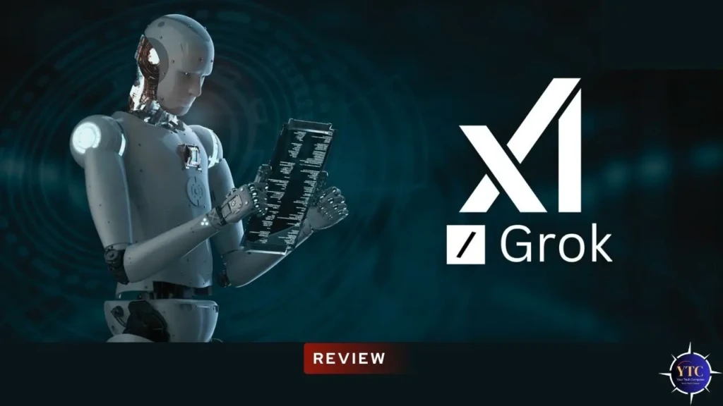 A futuristic robot holding a tablet with code, alongside the “xAI Grok” logo (white “x” and “Grok” text) on a dark blue tech-themed background, with a red “REVIEW” banner at the bottom, visually framing a critical assessment of Grok’s technical architecture and AI performance.