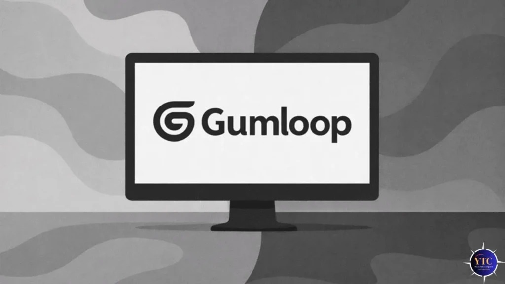 A computer monitor displaying the Gumloop logo (a black stylized “G” followed by “Gumloop” in sans-serif font) on a white screen, set against an abstract grayscale wavy background, serving as a clean, brand-focused visual identifier for the Gumloop platform.