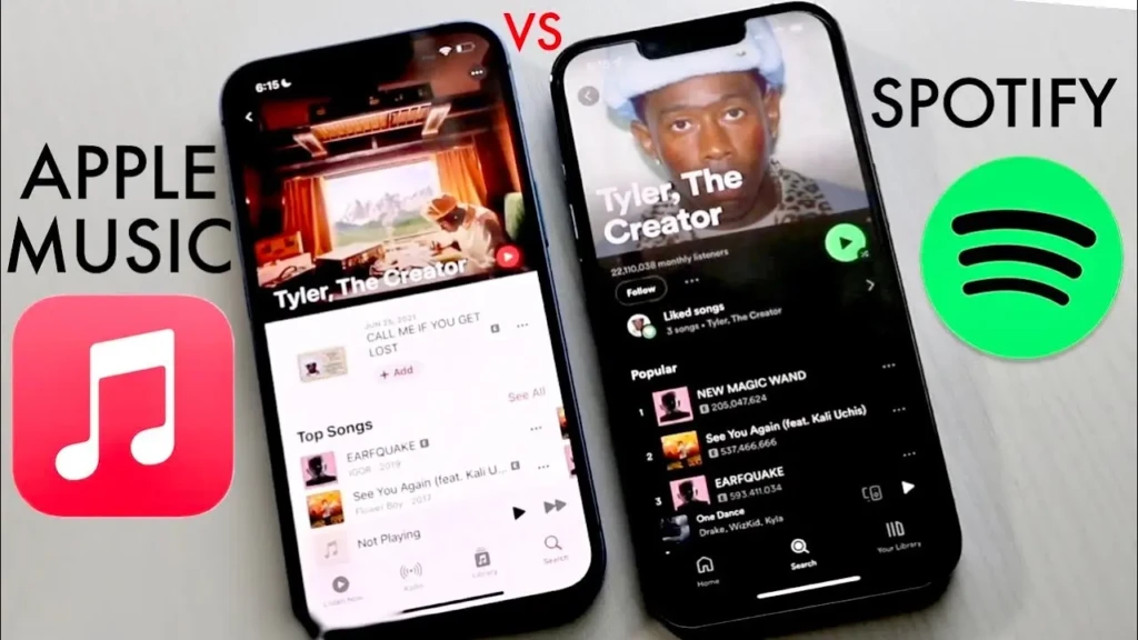 A side-by-side comparison titled “APPLE MUSIC VS SPOTIFY,” showing iPhone screens: Apple Music on the left (playing “Tyler, The Creator”) and Spotify on the right (showing Tyler’s artist profile and popular tracks), flanked by their respective app icons, emphasizing interface layout, curation, and user experience differences.