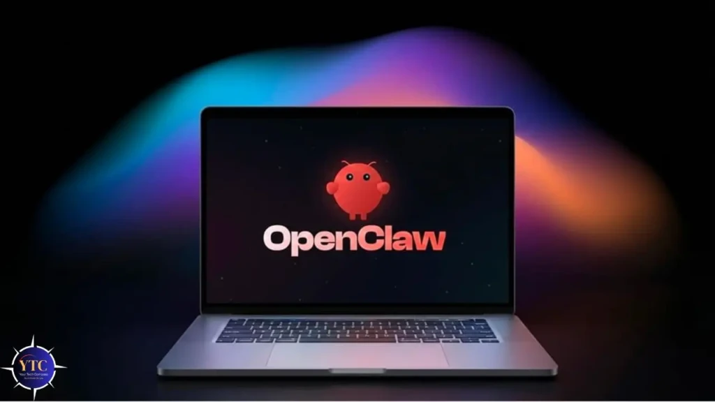 A MacBook displaying the “OpenClaw” logo, a red cartoon claw-like character above the text “OpenClaw,” set against a dark screen with a vibrant multicolored light wave in the background, presenting the brand identity of the AI agent platform.