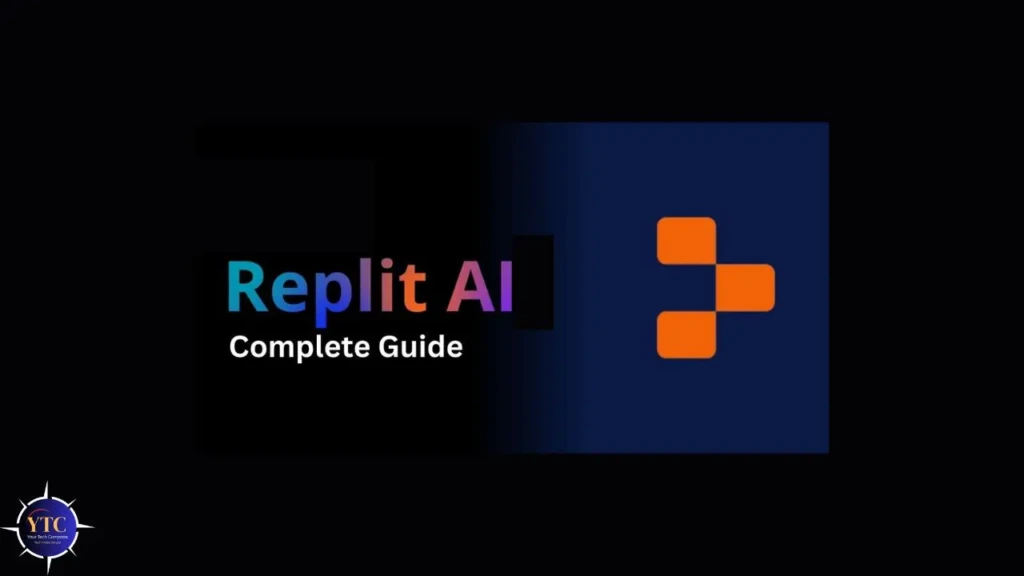 A split-background title card with “Replit AI” in multicolor gradient text and “Complete Guide” in white, alongside the orange Replit logo on a deep blue panel, signaling a comprehensive resource on Replit’s AI capabilities.