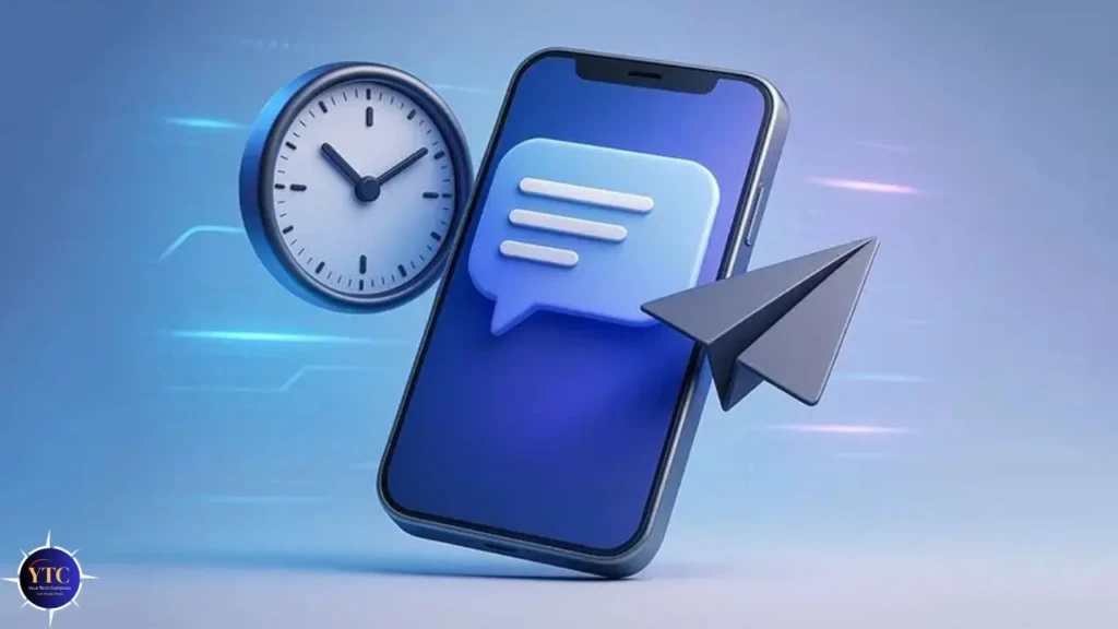 A stylized 3D illustration of an iPhone with a speech bubble on its screen, a floating analog clock to the left, and a paper airplane launching from the phone’s corner, symbolizing scheduled, timely, and delivered messaging functionality.