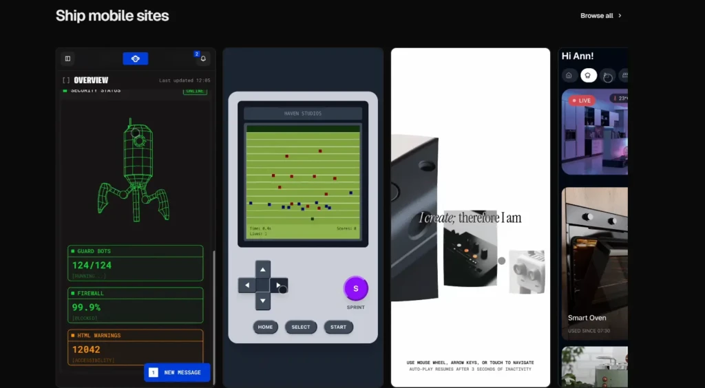 Collage of mobile site interfaces: a schematic diagram, a retro game screen, a minimalist text design, and appliance control panels.