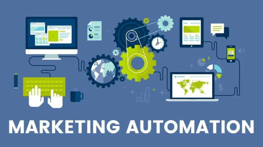 An illustrated infographic titled “MARKETING AUTOMATION,” depicting interconnected devices (desktop, laptop, tablet, phone), gears, charts, a world map, and hands typing, symbolizing integrated, system-driven marketing workflows and cross-channel orchestration.