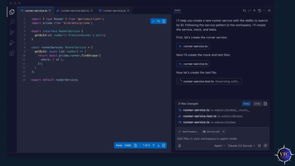 A split-screen IDE view: left shows TypeScript code in runner-service.ts, right shows a chat interface where an AI agent (Claude 3.5 Sonnet) assists in generating service, mock, and test files, demonstrating real-time AI-powered coding assistance in agent mode.