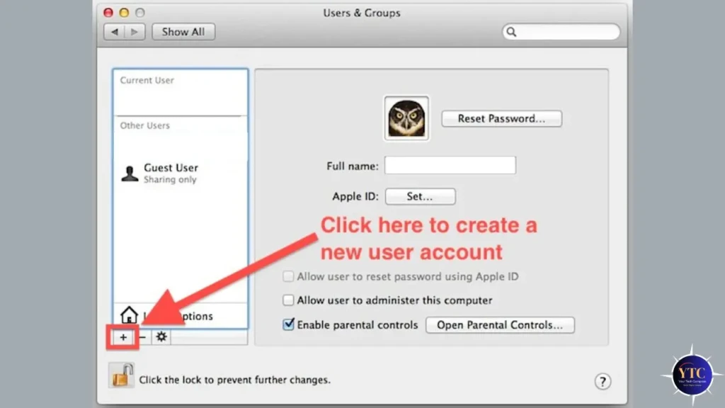 The Users & Groups settings window with a red arrow pointing to the “+” button below the user list, overlaid with text “Click here to create a new user account,” demonstrating how to add a new user profile on macOS.