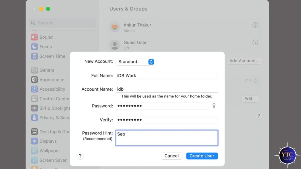 The “New Account” dialog in macOS Users & Groups settings, showing fields for Full Name (“iDB Work”), Account Name (“idb”), Password, Verify, and Password Hint (“Seb”), with the “Create User” button ready, demonstrating the process of adding a standard user account.