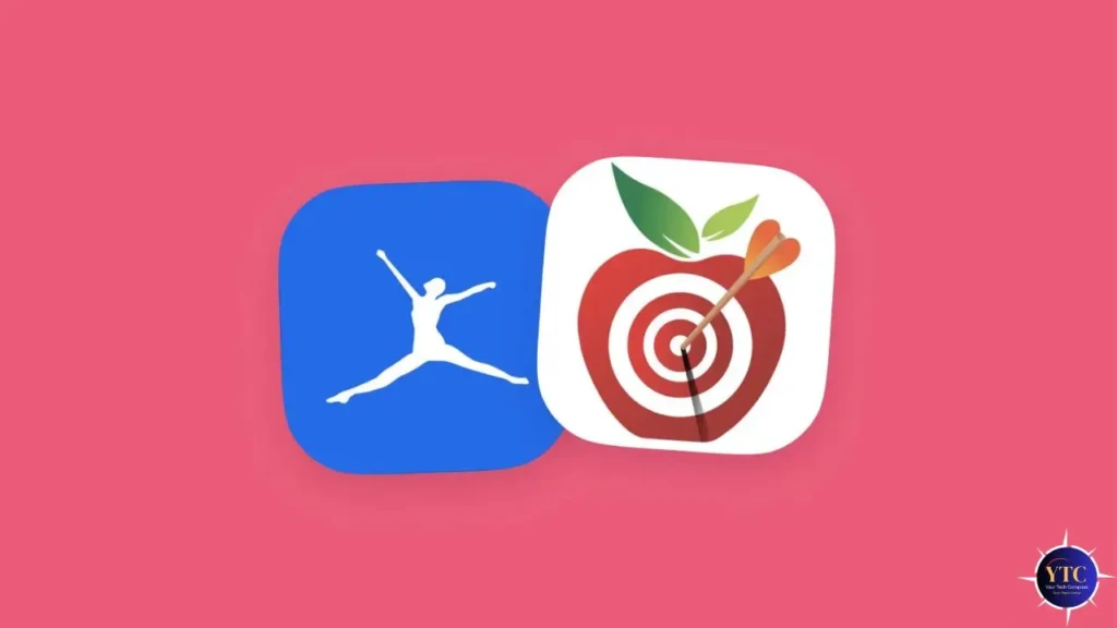 Two app icons side by side on a pink background: the MyFitnessPal icon (blue square with white jumping figure) and the Cronometer icon (white rounded square with red apple-target and dart), visually representing the two nutrition-tracking apps being compared.