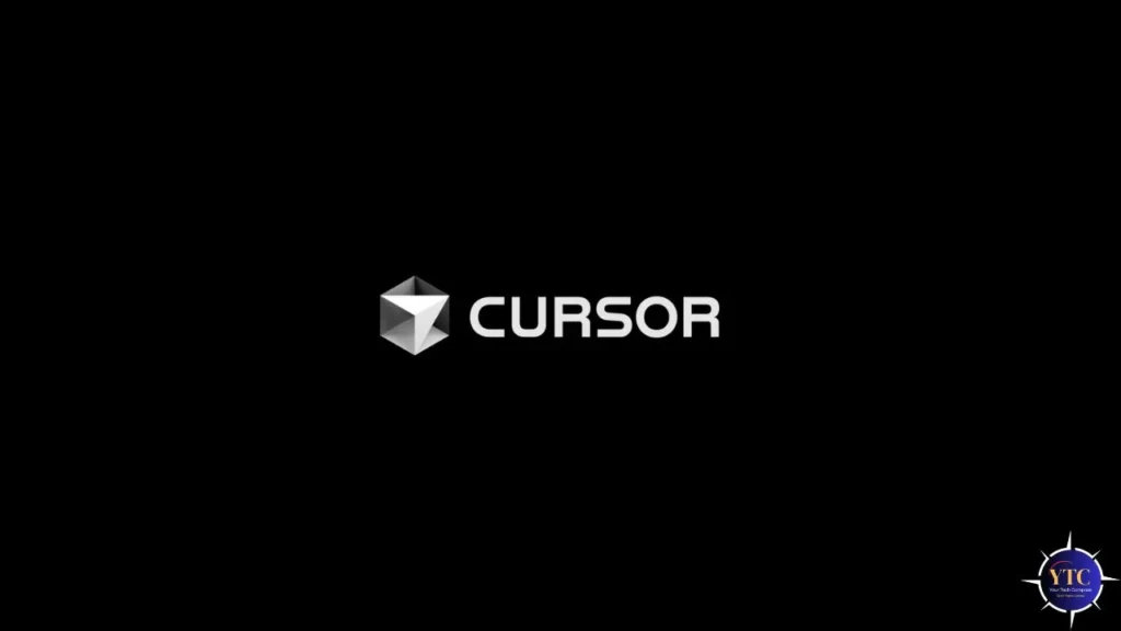 The Cursor logo, a monochrome 3D cube icon, paired with the word “CURSOR” in bold white sans-serif text, centered on a solid black background, serving as a clean, high-contrast brand identifier.