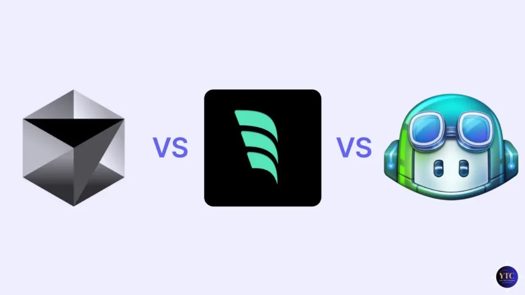 A three-way comparison graphic the Cursor logo (gray cube), the Codeium logo (teal feather-like symbol), and the GitHub Copilot logo (blue robot head), separated by “VS” text, visually framing a head-to-head evaluation of AI coding assistants.