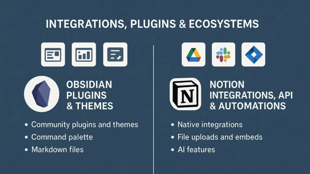 A comparative infographic titled “INTEGRATIONS, PLUGINS & ECOSYSTEMS,” contrasting Obsidian (left) with community plugins, command palette, and Markdown files, and Notion (right) with native integrations, file uploads, embeds, and AI features, highlighting architectural differences in extensibility and automation.