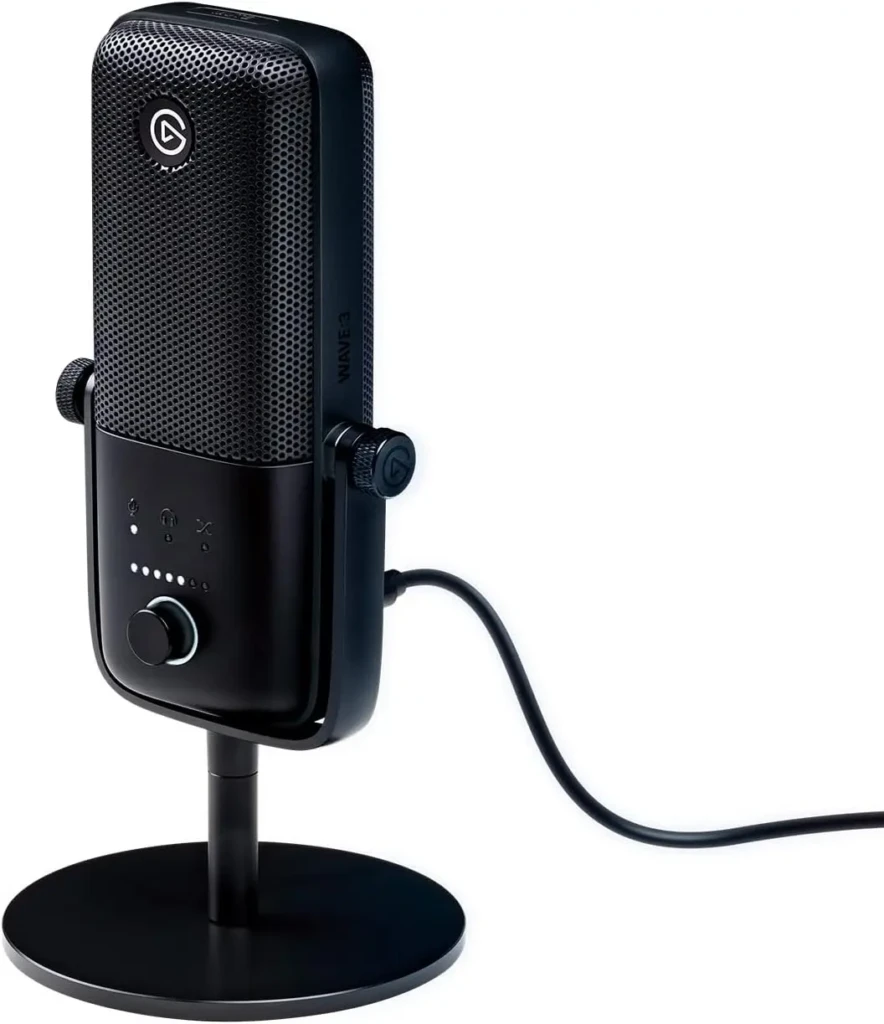 A sleek black USB microphone on a round stand, with a mesh grille, control knob, and connection cable. It conveys a professional and modern vibe.