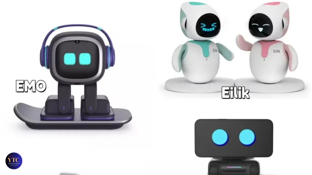 A split display showcasing three AI companion robots: left shows “EMO,” a black robot with cyan square eyes, purple headphones, and a curved base; top-right shows two “Eilik” robots, one with teal accents smiling, the other with pink accents waving, both on circular stands; bottom-right shows a close-up of EMO’s face with cyan eyes, highlighting distinct designs and branding of consumer AI companions.
