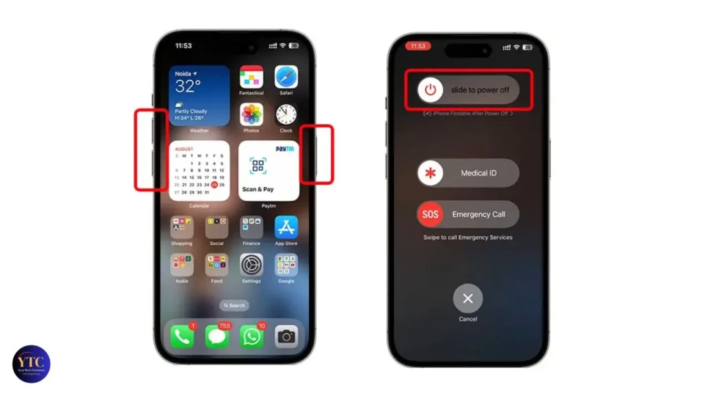 Two iPhone screens side by side: left shows the home screen with red boxes highlighting the volume up and down buttons; right shows the power-off screen with “slide to power off” circled in red, guiding users through the hardware button combination to access recovery or reset functions.