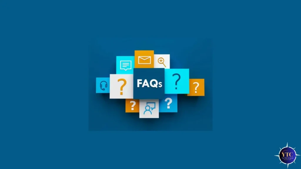 Colorful blocks with question marks and icons surround a central "FAQs" text on a blue background, conveying information and inquiry themes.