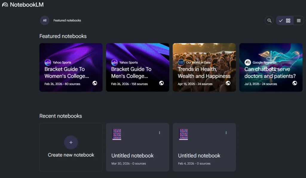 Dashboard interface displaying "Featured notebooks" on top with vibrant images and titles, and "Recent notebooks" below with a dark theme.