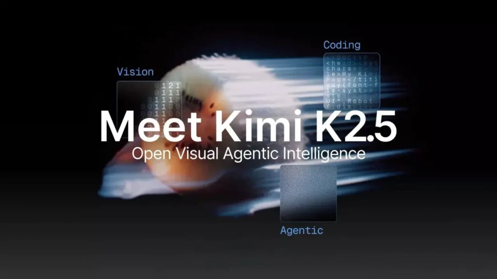 A promotional banner reading “Meet Kimi K2.5, Open Visual Agentic Intelligence,” with floating UI elements labeled “Vision,” “Coding,” and “Agentic” over a blurred abstract background, highlighting the model’s multimodal capabilities and autonomous agent architecture.