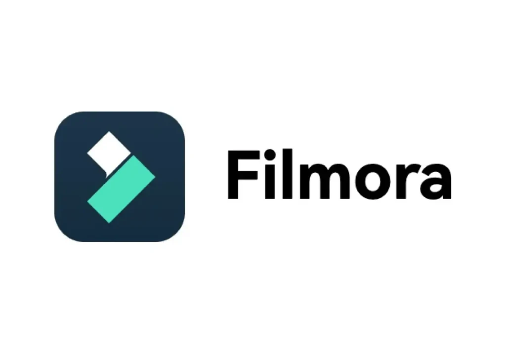 The Filmora logo featuring a dark blue rounded square icon with a white and teal abstract geometric shape resembling a play button or film strip, alongside the word “Filmora” in bold black sans-serif font on a white background, representing the consumer-grade video editing software brand.
