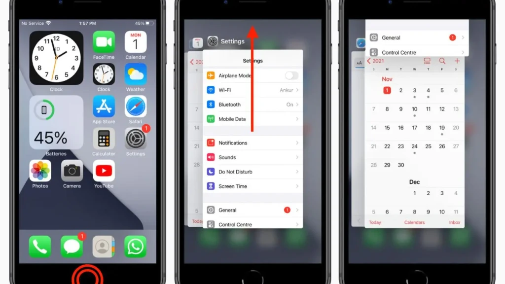 A three-panel iPhone sequence: home screen with Control Center icon highlighted, Settings menu with “Settings” tapped (red arrow), and Control Center open showing calendar and app shortcuts, illustrating quick access to system controls and customization.