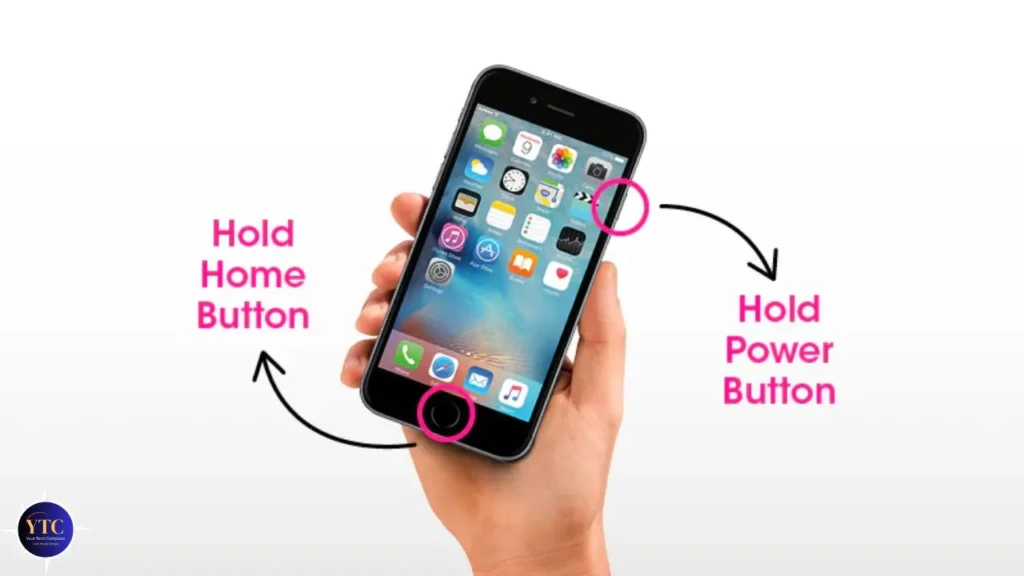 A hand holding an iPhone with pink callouts indicating “Hold Home Button” (bottom) and “Hold Power Button” (top-right), arrows showing simultaneous press-and-hold, demonstrating the force-restart gesture for older iPhones with a physical Home button.